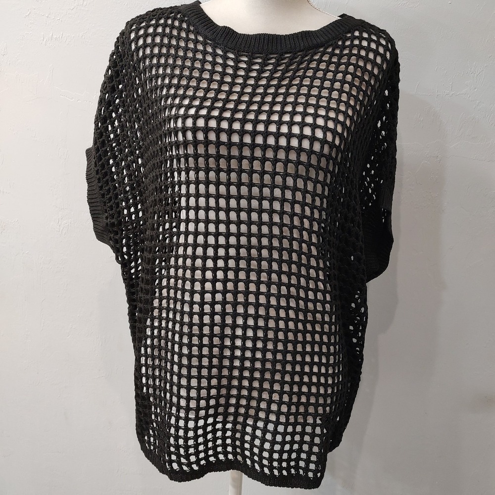 Crochet Oversized Black Top Sz XL Boho‎ Cover Up Short Sleeve Lagenlook Casual